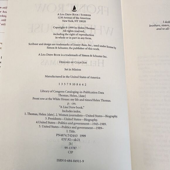 Front Row At The White House Book Hardcover Helen Thomas Signed Autographed 1999 - Picture 4 of 4